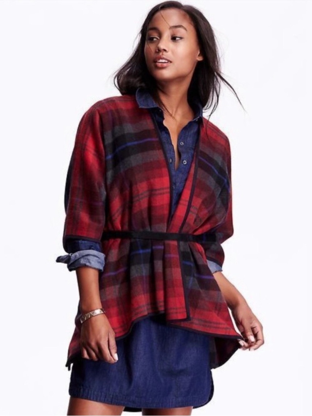 Old Navy Red Plaid Open Front Poncho Jacket